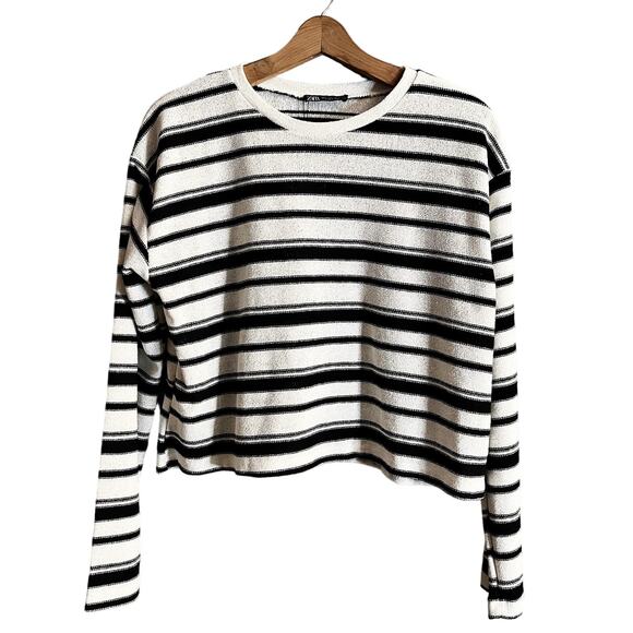ZARA Crop Rustic Sweater Striped Long Sleeve Cotton White Black Crew Neck Medium - Picture 2 of 11